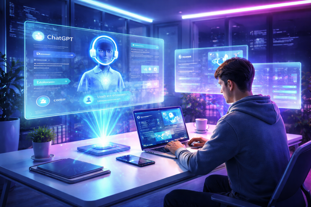 AI online business beginner futuristic workspace