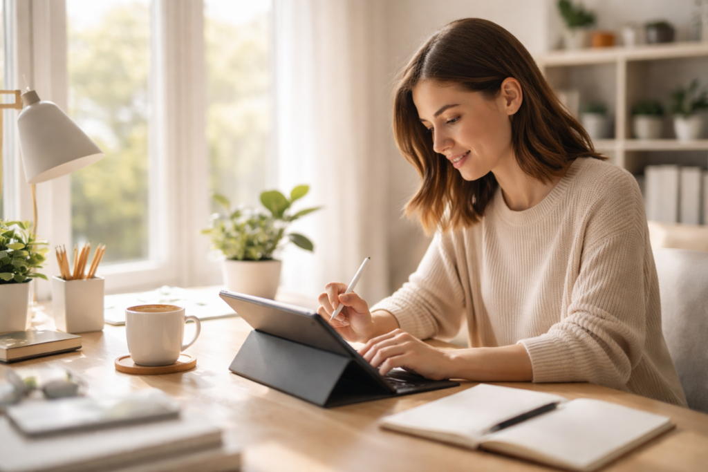 beginner starting online business in bright home office