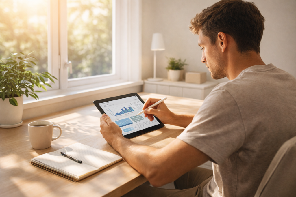 beginner starting online business in bright home office