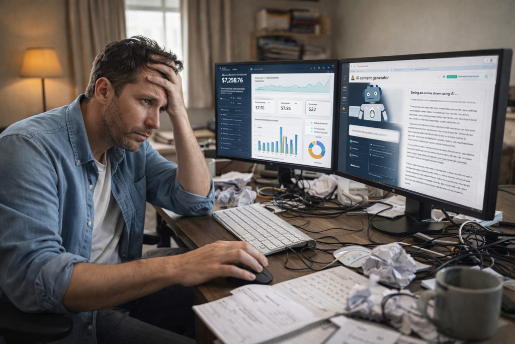 AI income struggle beginner working at home office